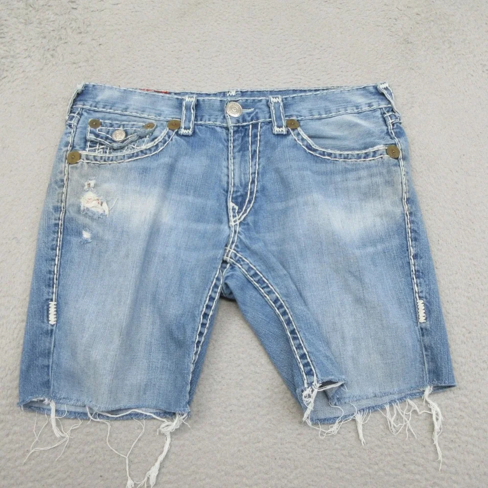 True Religion Joey Super T Jean Shorts Mens 36 Blue Light Wash Distressed USA